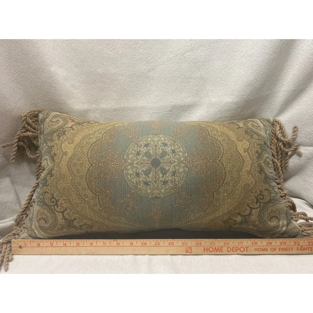 Newport Lumbar Pillow Damask Medallion Sage Gold Tan Rope Fringe Made in USA